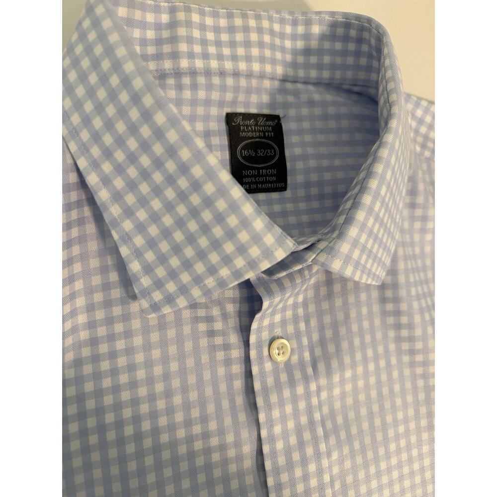 Pronto Uomo Dress Shirt Mens 16.5 32/33 Blue Gingham Non Iron Long Sleeve